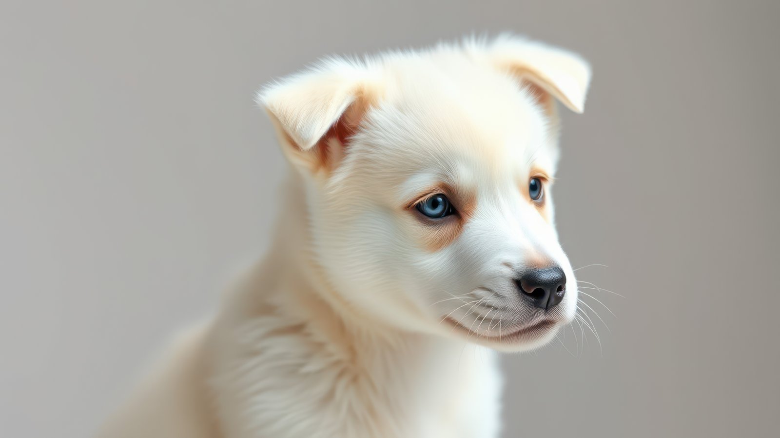Sweet white puppy with expressive blue eyes looking curiously against a light background